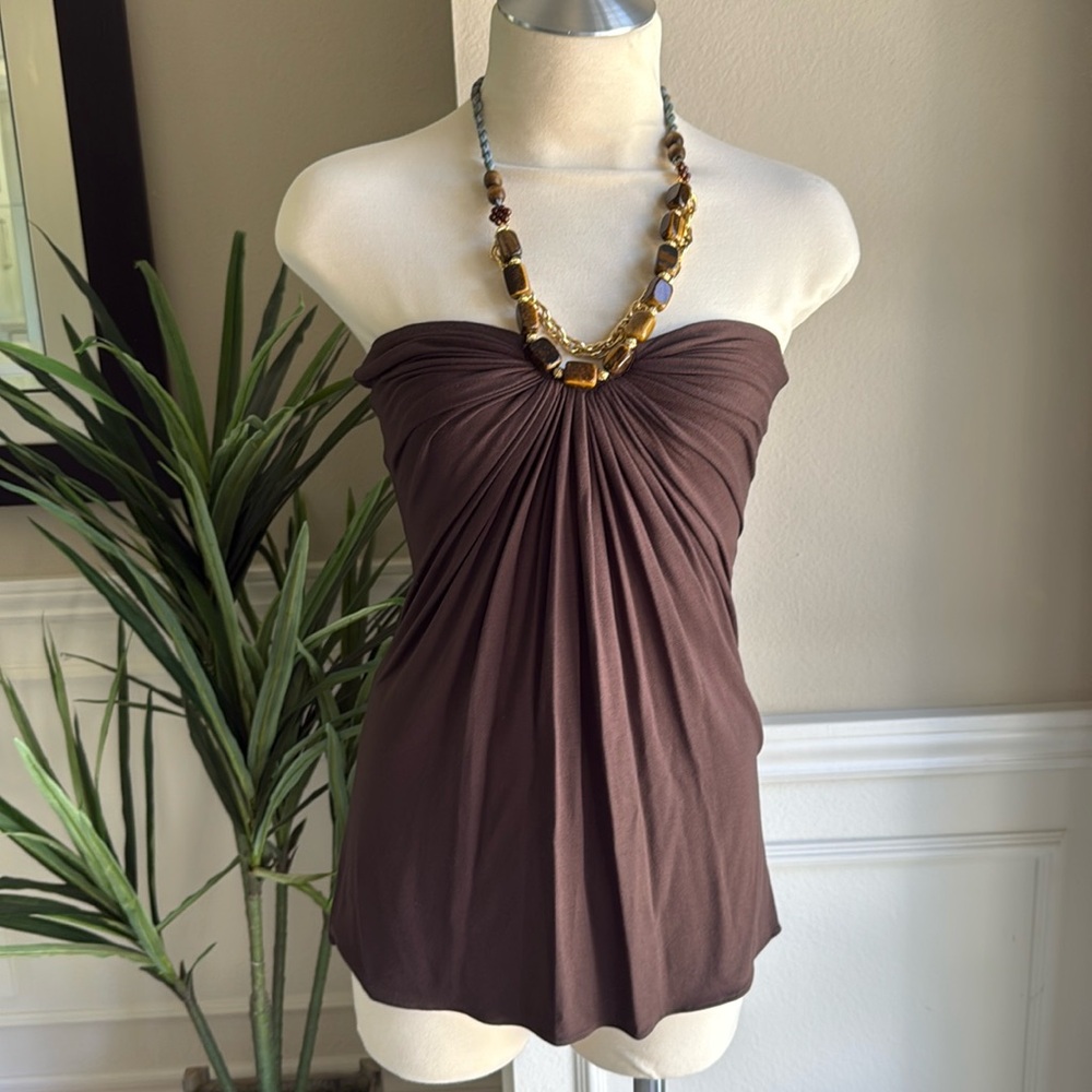 NEW SKY Brand Stone Necklace Trim Top Y2K Dark Brown